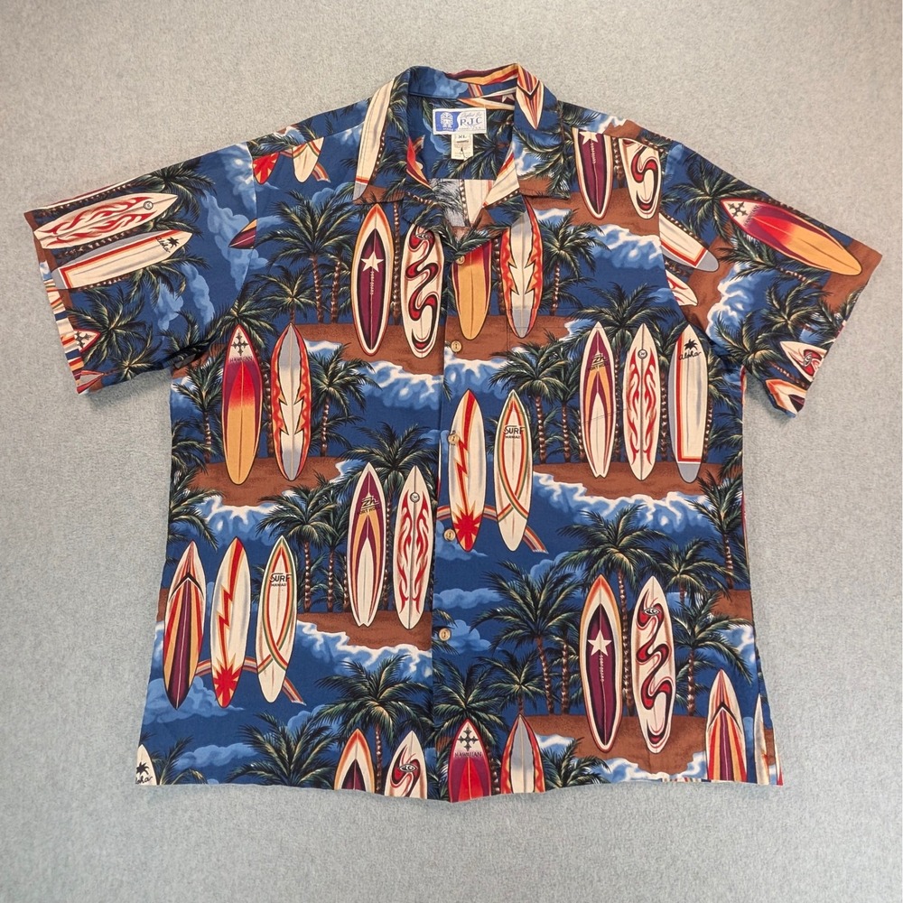 RJC Hawaiian Shirt Mens XL 25x30 Blue Surfboard Palm Tree Tropical Aloha Hawaii